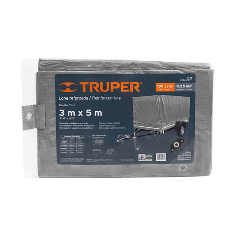 Lona de polietileno reforzada 3 x 5 m, gris, 180g/m2, TRUPER | LT-35 | 10771