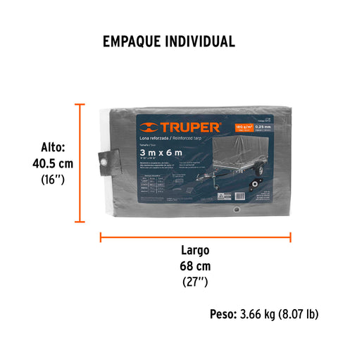 Lona de polietileno reforzada 3 x 6 m, gris, 180g/m2, TRUPER | LT-36 | 10772