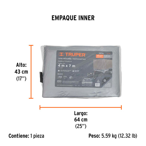 Lona de polietileno reforzada 4 x 7 m, gris, 180g/m2, TRUPER | LT-47 | 10774