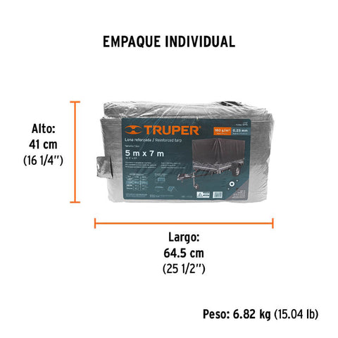 Lona de polietileno reforzada 5 x 7 m, gris, 180g/m2, TRUPER | LT-57 | 10776