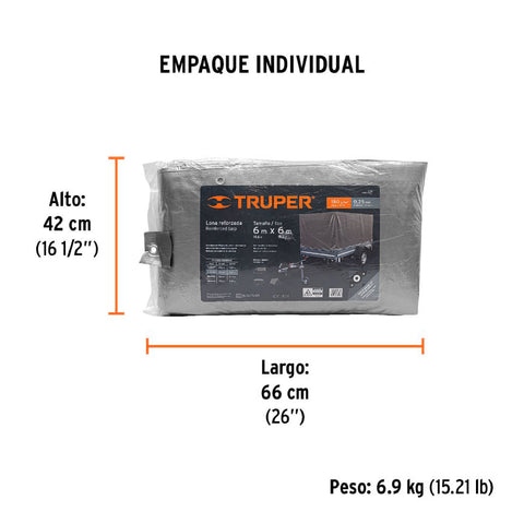 Lona de polietileno reforzada 6 x 6 m, gris, 180g/m2, TRUPER | LT-66 | 10777