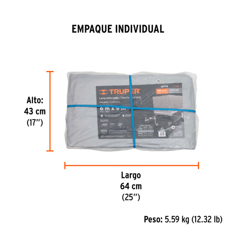 Lona de polietileno reforzada 6 x 9 m, gris, 180g/m2, TRUPER | LT-69 | 10778