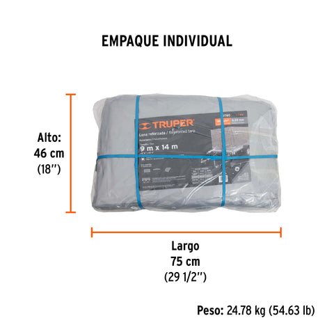 Lona de polietileno reforzada 9x14 m, gris, 180g/m2, TRUPER | LT-914 | 10780