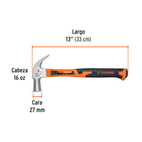 Martillo cabeza cónica 27 mm uña curva, mango fibra vidrio | MAC-27F | 10851