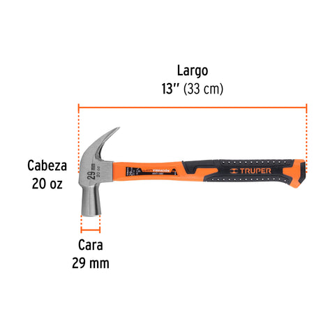 Martillo cabeza cónica 29 mm uña curva, mango fibra vidrio | MAC-29F | 10852