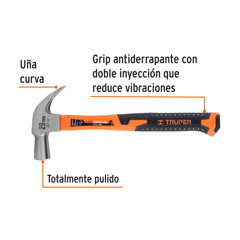 Martillo cabeza cónica 29 mm uña curva, mango fibra vidrio | MAC-29F | 10852