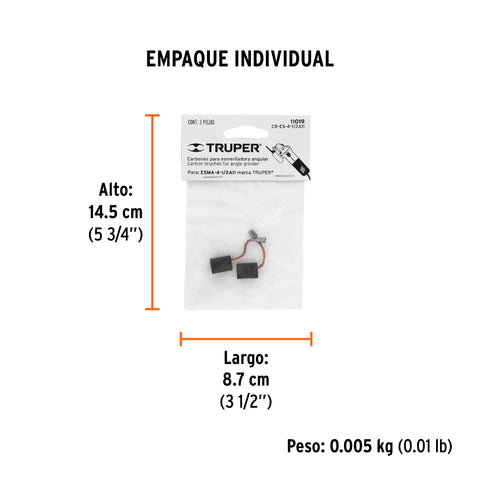 Bolsa con 2 carbones de repuesto para ESMA-4-1/2A11, TRUPER | CB-ES-4-1/2A11 | 11019