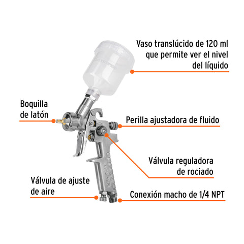 Pistola p/retoque gravedad HVLP vaso plástico, 1 mm, Truper | PIPI-410 | 11097