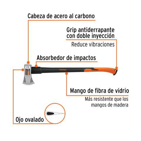 Hacha Michigan 4 lb, mango fibra de vidrio 34', Truper | HM-4FX | 11133