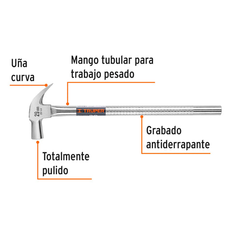 Martillo cabeza cónica 29 mm uña curva, mango tubular,TRUPER | MAC-29T | 11175