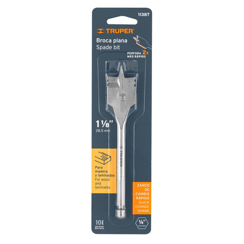 Broca plana de manita 1-1/8' para madera, Truper | BPT-1-1/8 | 11387