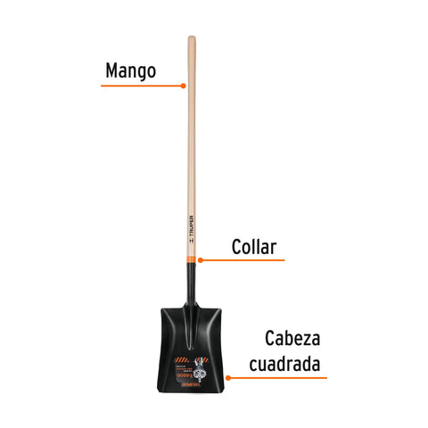 Pala T-2000 cuadrada, tipo español, mango largo 41', Truper | PCS-4L | 11391