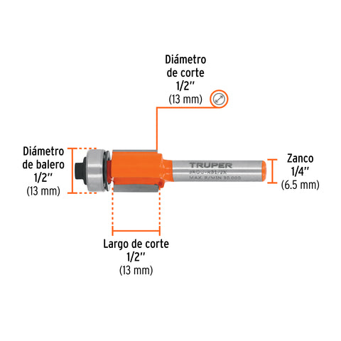 Broca para router, corte recto, 1/2' con balero, Truper | BROU-RB1/2X | 11444