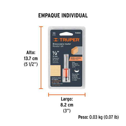 Broca para router, corte recto, 1/2' con balero, Truper | BROU-RB1/2X | 11444
