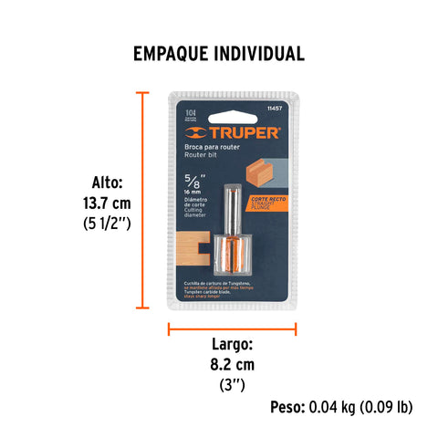 Broca para router, recta 2 filos, 5/8', Truper | BROU-R2-5/8 | 11457