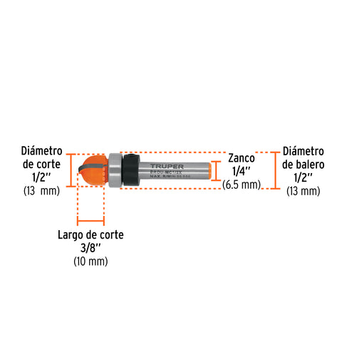 Broca para router, media caña, 1/2' con balero, Truper | BROU-MC1/2X | 11464