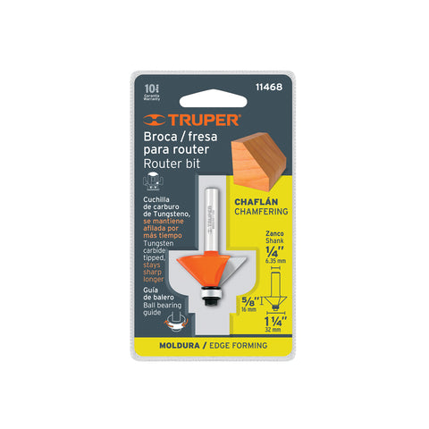 Broca para router, chaflán, 1-1/4' con balero, Truper | BROU-CH1-1/4X | 11468