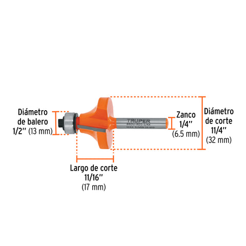 Broca para router, redondeado, 1-1/4' con balero, Truper | BROU-RD1-1/4X | 11470