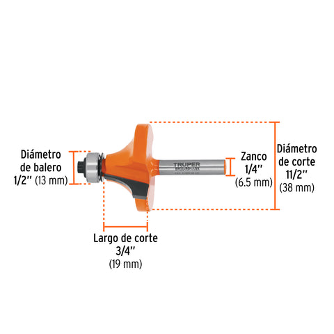 Broca para router, redondeado, 1-1/2' con balero, Truper | BROU-RD1-1/2X | 11471