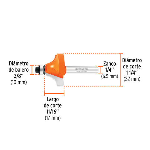 Broca para router, redondeado con moldura, 1-1/4' con balero | BROU-RM1-1/4X | 11473