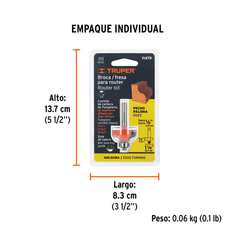 Broca para router, pecho paloma, 1-1/8' con balero, Truper | BROU-PP1-1/8X | 11479