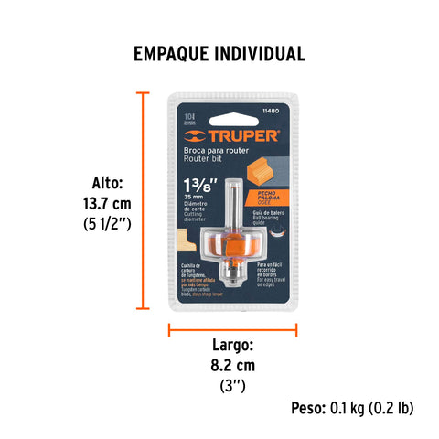 Broca para router, pecho paloma, 1-3/8' con balero, Truper | BROU-PP1-3/8X | 11480