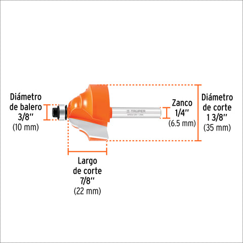 Broca para router, doble romana, 1-3/8' con balero, Truper | BROU-DR1-3/8X | 11481