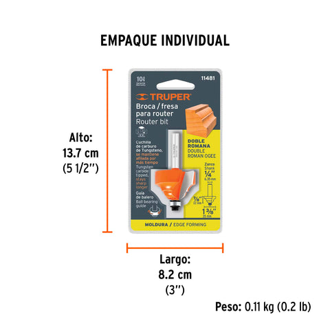 Broca para router, doble romana, 1-3/8' con balero, Truper | BROU-DR1-3/8X | 11481