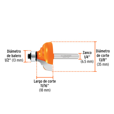 Broca para router, clásica, 1-3/8' con balero, Truper | BROU-C1-3/8X | 11482