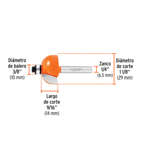 Broca para router, bocel cuarto, 1-1/8' con balero, Truper | BROU-BC1-1/8X | 11485