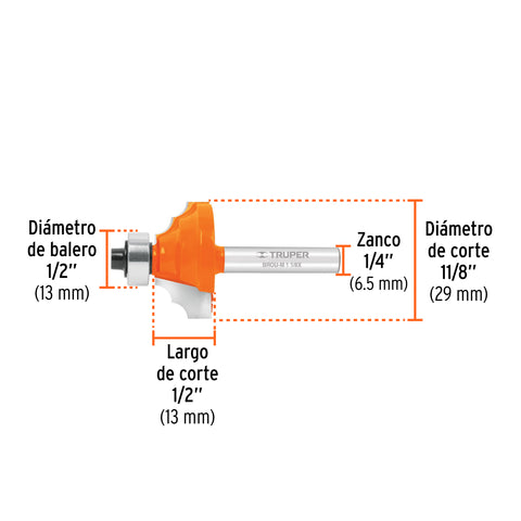 Broca para router, moldura clásica, 1-1/8' con balero,Truper | BROU-M1-1/8X | 11486