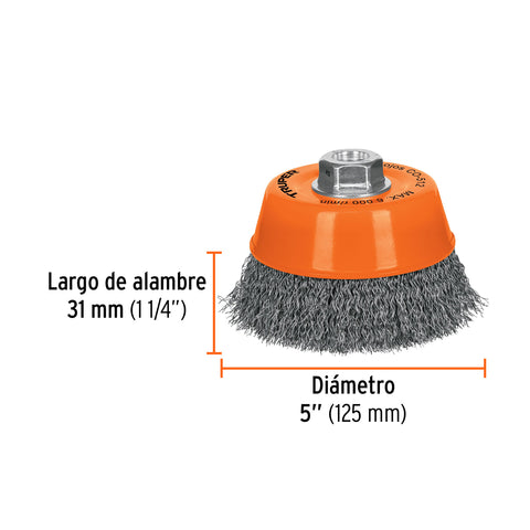 Carda copa 5' alambre ondulado fino, eje 5/8'-11, Truper | CO-512 | 11535