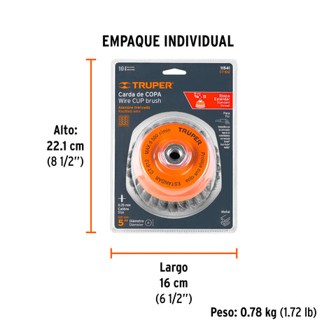 Carda copa 5' alambre trenzado fino, eje 5/8'-11, Truper | CT-612 | 11541