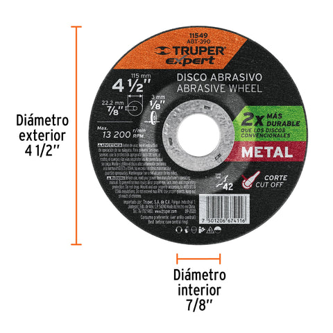 Disco Tipo 42 de 4-1/2' x 3.2 mm corte metal, Truper Expert | ABT-390 | 11549
