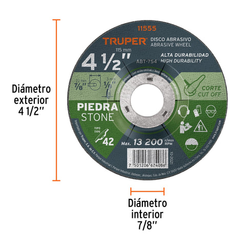 Disco Tipo 42 de 4-1/2' x 3.2 mm para corte de piedra | ABT-754 | 11555