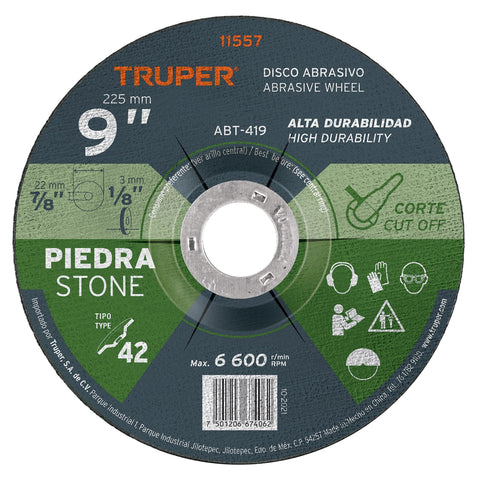 Disco Tipo 42 de 9' x 3.2 mm para corte de piedra, Truper | ABT-419 | 11557