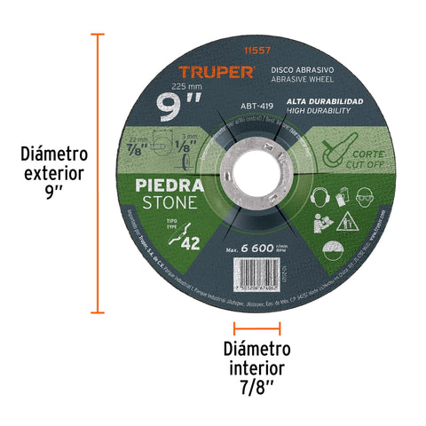 Disco Tipo 42 de 9' x 3.2 mm para corte de piedra, Truper | ABT-419 | 11557