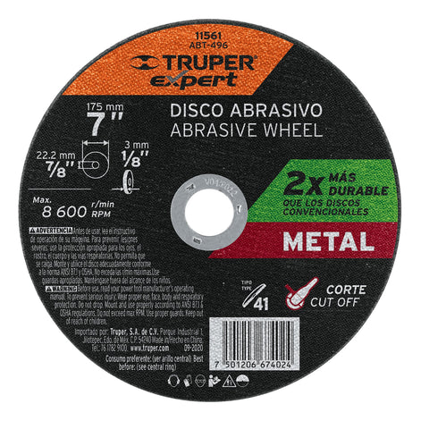Disco para corte de metal, tipo 41, diámetro 7' Expert | ABT-496 | 11561