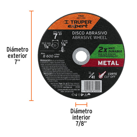Disco para corte de metal, tipo 41, diámetro 7' Expert | ABT-496 | 11561