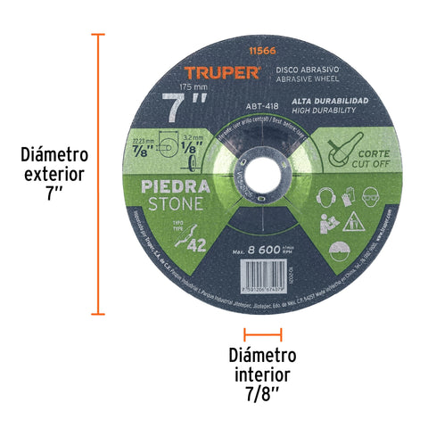 Disco Tipo 42 de 7' x 3.2 mm para corte de piedra, Truper | ABT-418 | 11566