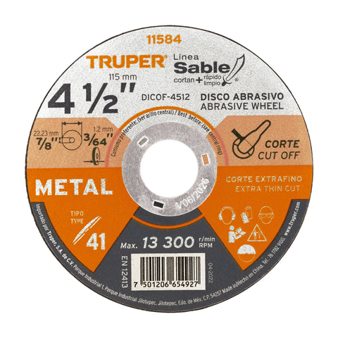 Disco Tipo 41 de 4-1/2' x 1.2 mm corte fino de metal, Sable | DICOF-4512 | 11584
