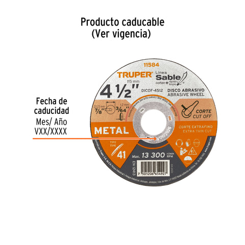 Disco Tipo 41 de 4-1/2' x 1.2 mm corte fino de metal, Sable | DICOF-4512 | 11584