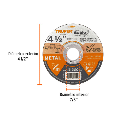 Disco Tipo 41 de 4-1/2' x 1.2 mm corte fino de metal, Sable | DICOF-4512 | 11584