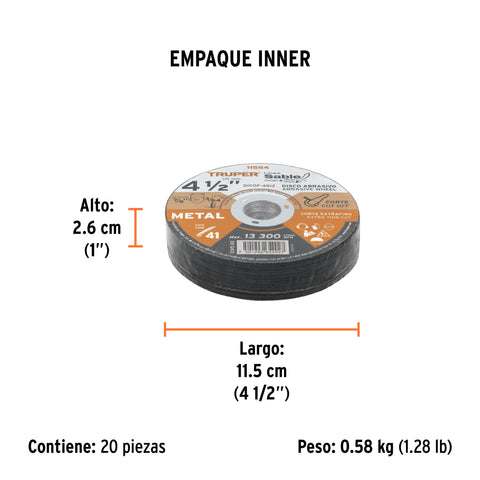 Disco Tipo 41 de 4-1/2' x 1.2 mm corte fino de metal, Sable | DICOF-4512 | 11584