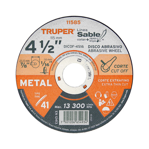 Disco Tipo 41 de 4-1/2' x 1.6 mm corte fino de metal, Sable | DICOF-4516 | 11585