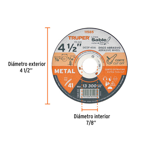 Disco Tipo 41 de 4-1/2' x 1.6 mm corte fino de metal, Sable | DICOF-4516 | 11585