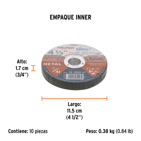 Disco Tipo 41 de 4-1/2' x 1.6 mm corte fino de metal, Sable | DICOF-4516 | 11585