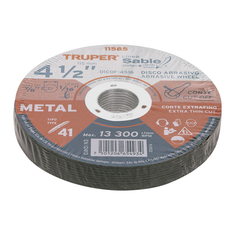 Disco Tipo 41 de 4-1/2' x 1.6 mm corte fino de metal, Sable | DICOF-4516 | 11585