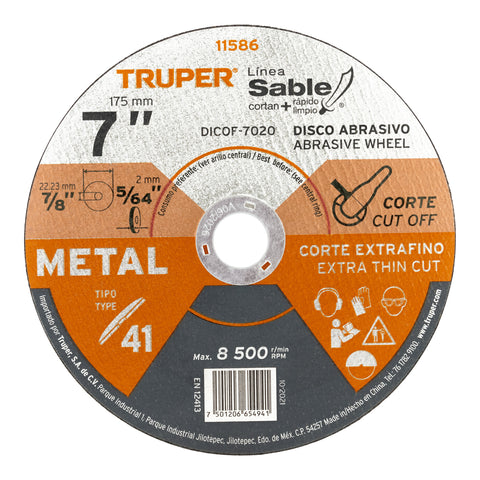 Disco Tipo 41 de 7' x 2 mm corte fino de metal, Sable | DICOF-7020 | 11586