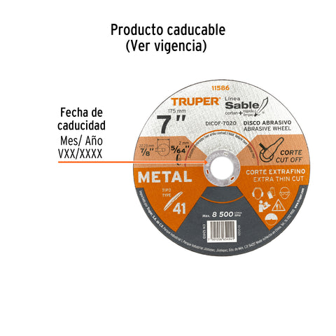 Disco Tipo 41 de 7' x 2 mm corte fino de metal, Sable | DICOF-7020 | 11586